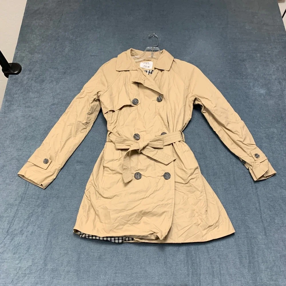 Zara Trench Coat Girls 13-14 Beige Lined Vented Back Double Breasted Tie Waist